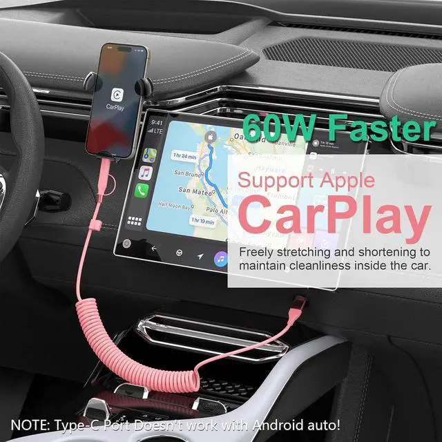 Alt view image 3 of 6 - Multi Coiled 4-in-1 USBA/Type C to USB-C/Lightning Cable Combo for  Carplay& Android Auto Pink 3A 60W Fast Charge & Data Sync Car Charger Cord for iPhone 15/14/13/12 Galaxy Android-MFi