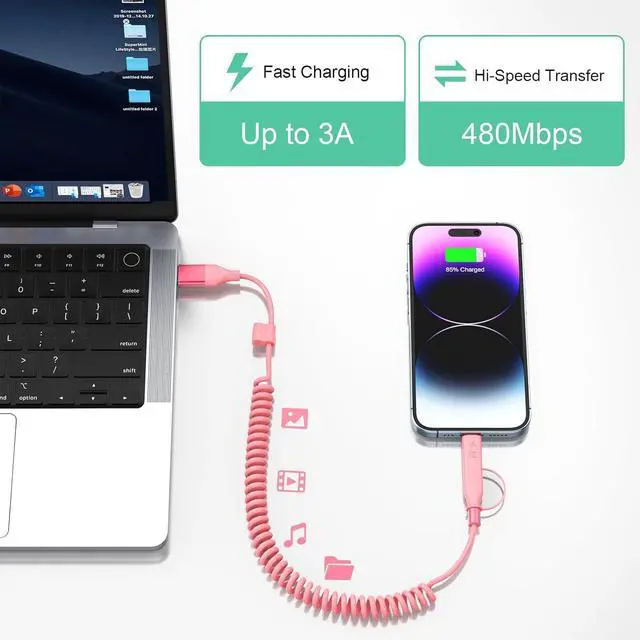 Alt view image 5 of 6 - Multi Coiled 4-in-1 USBA/Type C to USB-C/Lightning Cable Combo for  Carplay& Android Auto Pink 3A 60W Fast Charge & Data Sync Car Charger Cord for iPhone 15/14/13/12 Galaxy Android-MFi