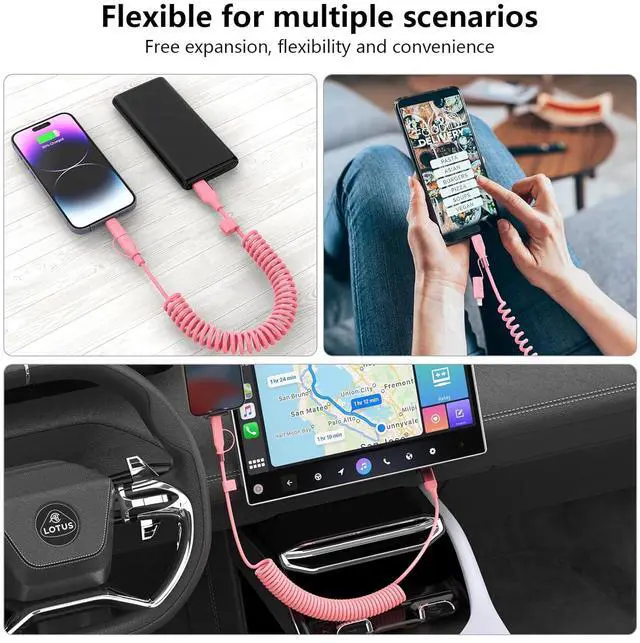 Alt view image 6 of 6 - Multi Coiled 4-in-1 USBA/Type C to USB-C/Lightning Cable Combo for  Carplay& Android Auto Pink 3A 60W Fast Charge & Data Sync Car Charger Cord for iPhone 15/14/13/12 Galaxy Android-MFi