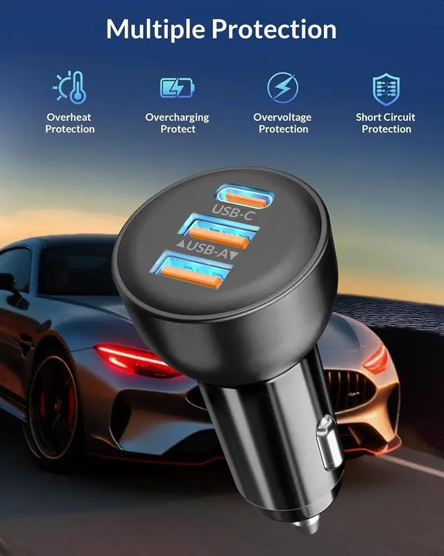 Alt view image 4 of 7 - 3-Port USB C Car Charger for iPhone 17/Air/16/16e/15 Pro Max Plus 70W PD&QC Fast Charging USB-C&A Car Charger + USBC Cable for iPad Galaxy Android Accessories Cigarette Lighter Adapter