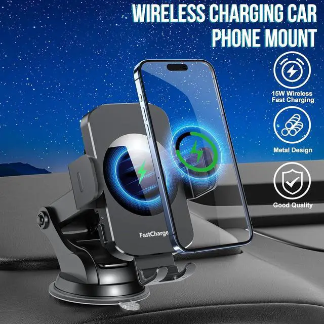 Alt view image 2 of 7 - Wireless Car Charger Fast Charging 15W Auto Clamping Car Charger Phone Holder Phone Mount for iPhone16 15 14 13 12 11 Pro Max Xs  Galaxy S24 Ultra S23 S22 S21 S20 S10+ Note 9 etc