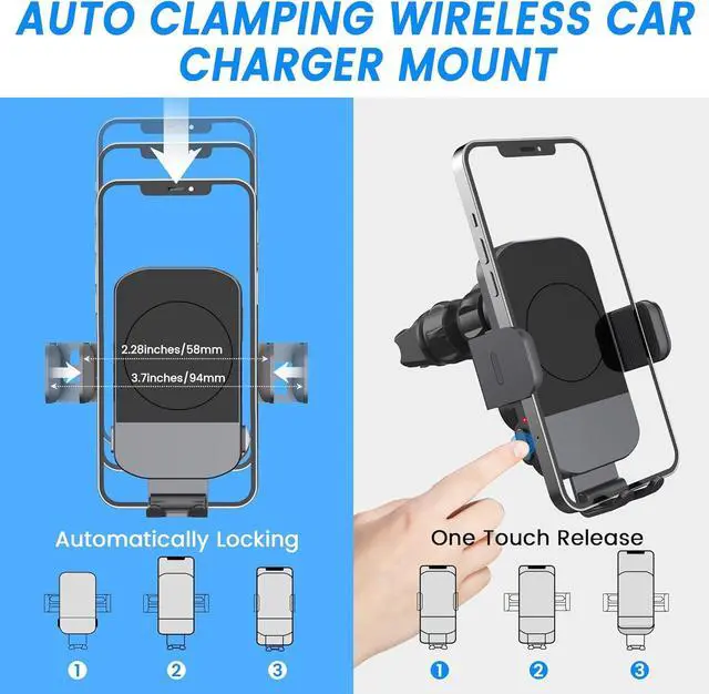 Alt view image 5 of 7 - Wireless Car Charger Fast Charging 15W Auto Clamping Car Charger Phone Holder Phone Mount for iPhone16 15 14 13 12 11 Pro Max Xs  Galaxy S24 Ultra S23 S22 S21 S20 S10+ Note 9 etc