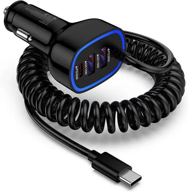 Main image of 60W Type C Super Fast  Car Charger for Galaxy A17/Z Flip7/FE/Fold7/A56/A16/A15/5G/S25 Ultra iPhone 16e 16 Pro Max Pixel 9a 4-Port USB C & USB A Car Phone Charger Adapter+4FT Type C Coiled Cable