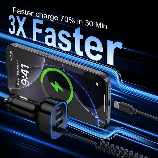 Alt view image 2 of 7 - 60W Type C Super Fast  Car Charger for Galaxy A17/Z Flip7/FE/Fold7/A56/A16/A15/5G/S25 Ultra iPhone 16e 16 Pro Max Pixel 9a 4-Port USB C & USB A Car Phone Charger Adapter+4FT Type C Coiled Cable