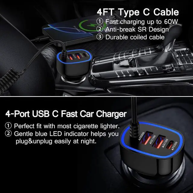 Alt view image 4 of 7 - 60W Type C Super Fast  Car Charger for Galaxy A17/Z Flip7/FE/Fold7/A56/A16/A15/5G/S25 Ultra iPhone 16e 16 Pro Max Pixel 9a 4-Port USB C & USB A Car Phone Charger Adapter+4FT Type C Coiled Cable