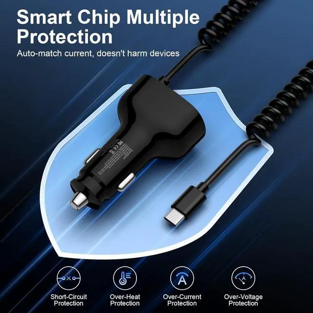 Alt view image 5 of 7 - 60W Type C Super Fast  Car Charger for Galaxy A17/Z Flip7/FE/Fold7/A56/A16/A15/5G/S25 Ultra iPhone 16e 16 Pro Max Pixel 9a 4-Port USB C & USB A Car Phone Charger Adapter+4FT Type C Coiled Cable