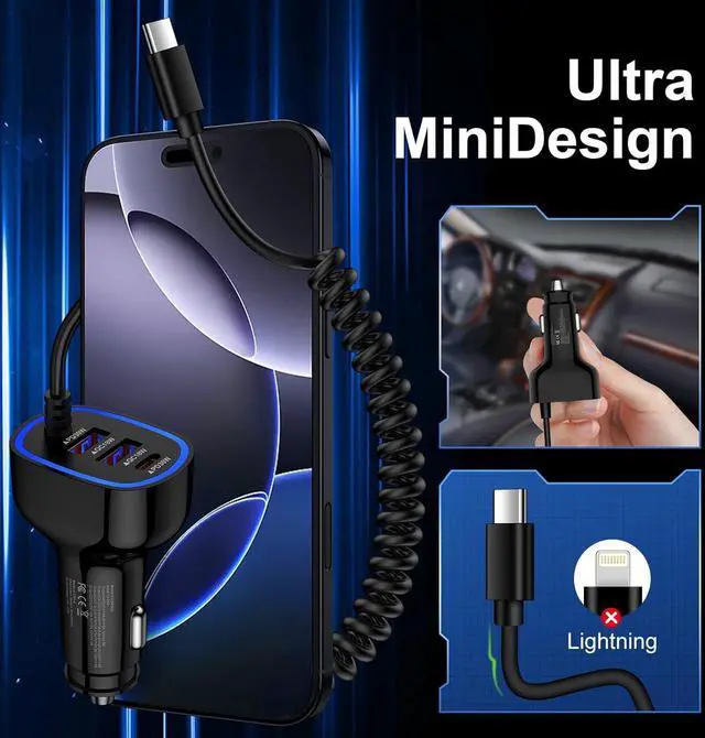 Alt view image 6 of 7 - 60W Type C Super Fast  Car Charger for Galaxy A17/Z Flip7/FE/Fold7/A56/A16/A15/5G/S25 Ultra iPhone 16e 16 Pro Max Pixel 9a 4-Port USB C & USB A Car Phone Charger Adapter+4FT Type C Coiled Cable