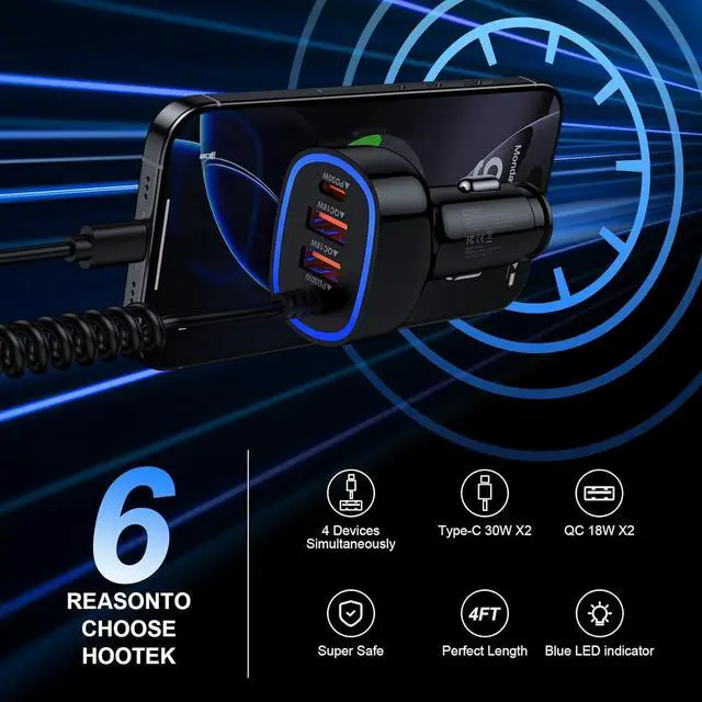 Alt view image 7 of 7 - 60W Type C Super Fast  Car Charger for Galaxy A17/Z Flip7/FE/Fold7/A56/A16/A15/5G/S25 Ultra iPhone 16e 16 Pro Max Pixel 9a 4-Port USB C & USB A Car Phone Charger Adapter+4FT Type C Coiled Cable