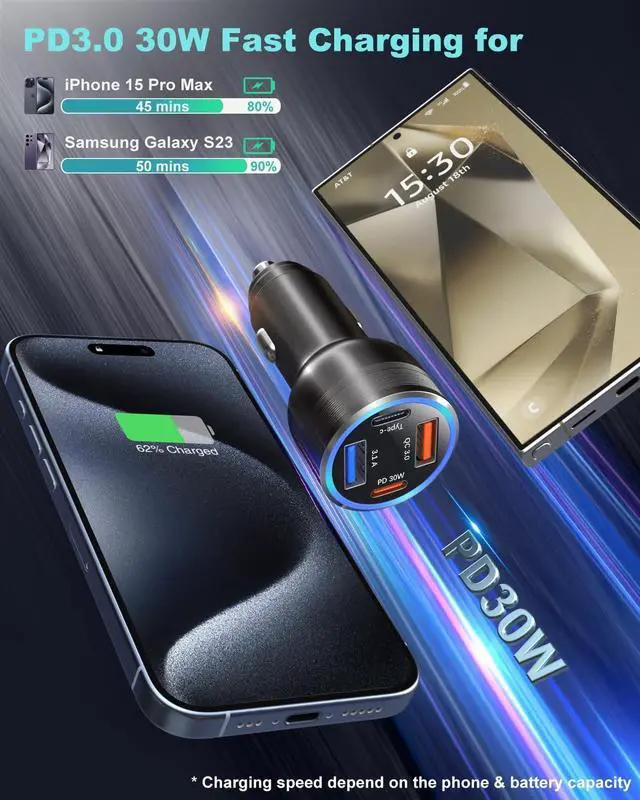 Alt view image 2 of 7 - USB C Car Charger 65W 3 Pack 4-Port Fast Charging PD30W&QC3.0 Multiport Car Phone Charger 12v Cigarette Lighter USB Adapter for iPhone 16 15 14 13 12 Pro iPad  Galaxy S25 S24 Pixel 9