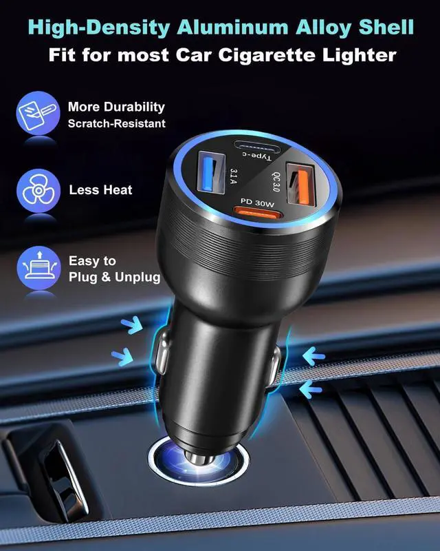 Alt view image 5 of 7 - USB C Car Charger 65W 3 Pack 4-Port Fast Charging PD30W&QC3.0 Multiport Car Phone Charger 12v Cigarette Lighter USB Adapter for iPhone 16 15 14 13 12 Pro iPad  Galaxy S25 S24 Pixel 9