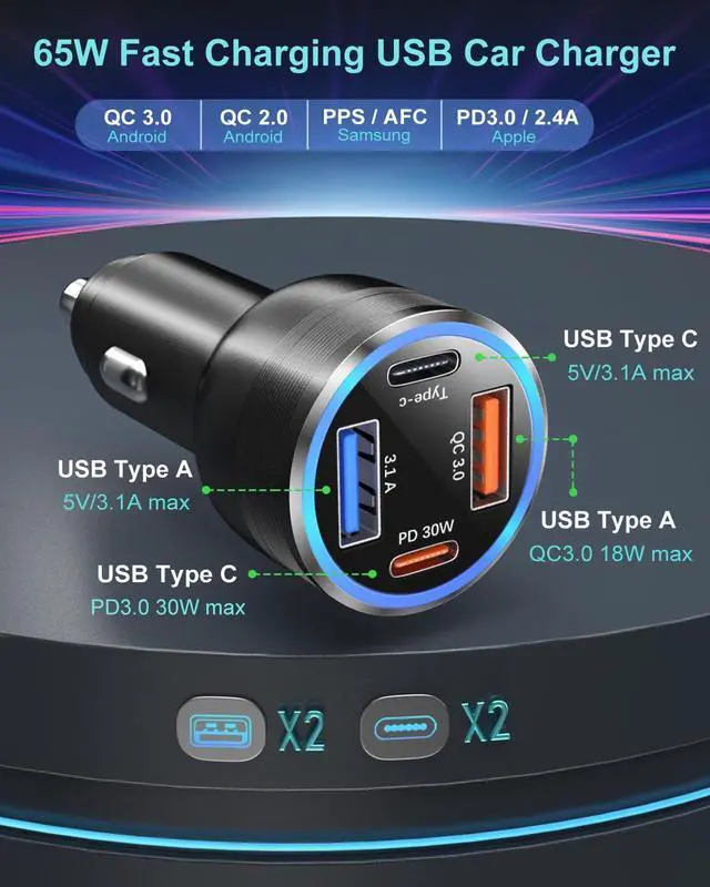 Alt view image 4 of 7 - USB C Car Charger 65W 3 Pack 4-Port Fast Charging PD30W&QC3.0 Multiport Car Phone Charger 12v Cigarette Lighter USB Adapter for iPhone 16 15 14 13 12 Pro iPad  Galaxy S25 S24 Pixel 9