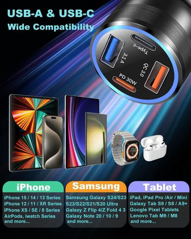 Alt view image 7 of 7 - USB C Car Charger 65W 3 Pack 4-Port Fast Charging PD30W&QC3.0 Multiport Car Phone Charger 12v Cigarette Lighter USB Adapter for iPhone 16 15 14 13 12 Pro iPad  Galaxy S25 S24 Pixel 9