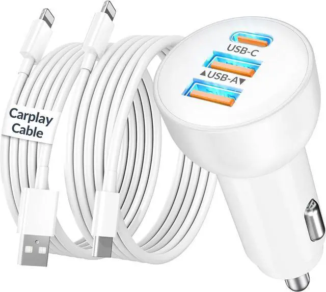 Main image of 3-Port 70W Fast Car Charger for iPhone 14 13 12 11 Pro Max Plus Mini SE XR XS X 8 7 6 iPad 2Pack USB Carplay Cord &Lightnings Charging Cable and USB-C&A Car Charger Adapter Cigarette Lighter