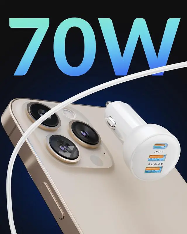 Alt view image 2 of 7 - 3-Port 70W Fast Car Charger for iPhone 14 13 12 11 Pro Max Plus Mini SE XR XS X 8 7 6 iPad 2Pack USB Carplay Cord &Lightnings Charging Cable and USB-C&A Car Charger Adapter Cigarette Lighter