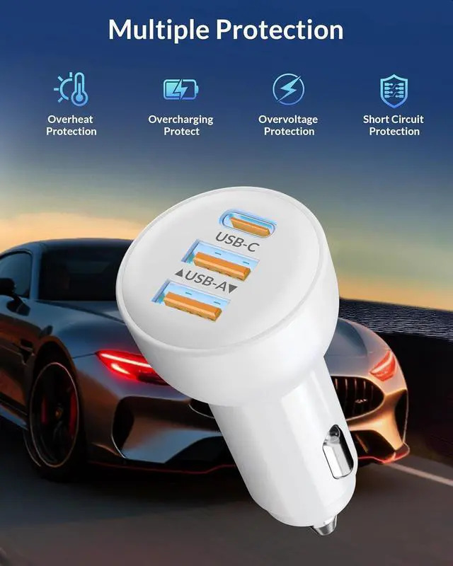 Alt view image 4 of 7 - 3-Port 70W Fast Car Charger for iPhone 14 13 12 11 Pro Max Plus Mini SE XR XS X 8 7 6 iPad 2Pack USB Carplay Cord &Lightnings Charging Cable and USB-C&A Car Charger Adapter Cigarette Lighter