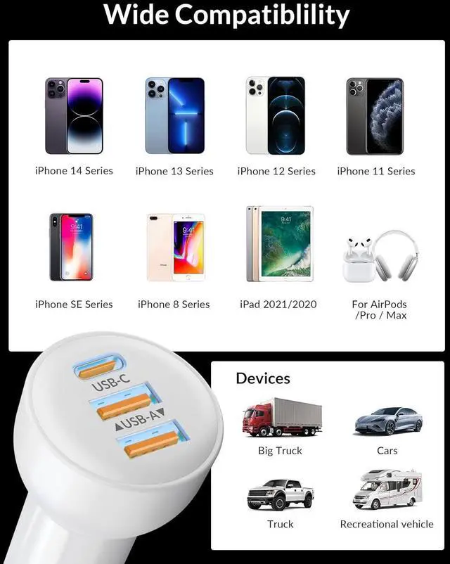 Alt view image 7 of 7 - 3-Port 70W Fast Car Charger for iPhone 14 13 12 11 Pro Max Plus Mini SE XR XS X 8 7 6 iPad 2Pack USB Carplay Cord &Lightnings Charging Cable and USB-C&A Car Charger Adapter Cigarette Lighter