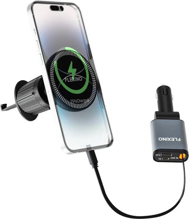 Main image of 2-in-1 Car Combo Retractable Car Charger for iPhone 16 57W Fast Charging Car Charger USB C Magnetic Phone Holder for MagSafe Car Mount 360° Cell Phone Holder for iPhone 16/15/14/13/12