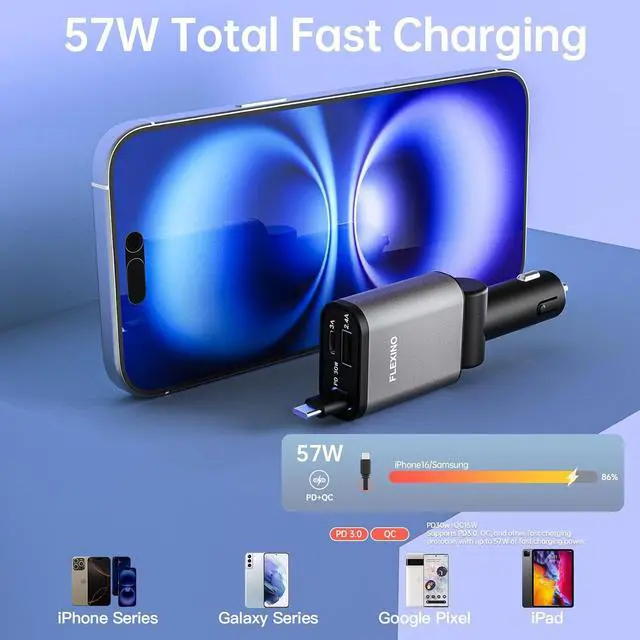 Alt view image 4 of 7 - 2-in-1 Car Combo Retractable Car Charger for iPhone 16 57W Fast Charging Car Charger USB C Magnetic Phone Holder for MagSafe Car Mount 360° Cell Phone Holder for iPhone 16/15/14/13/12