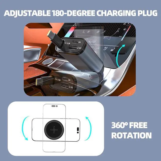 Alt view image 7 of 7 - 2-in-1 Car Combo Retractable Car Charger for iPhone 16 57W Fast Charging Car Charger USB C Magnetic Phone Holder for MagSafe Car Mount 360° Cell Phone Holder for iPhone 16/15/14/13/12