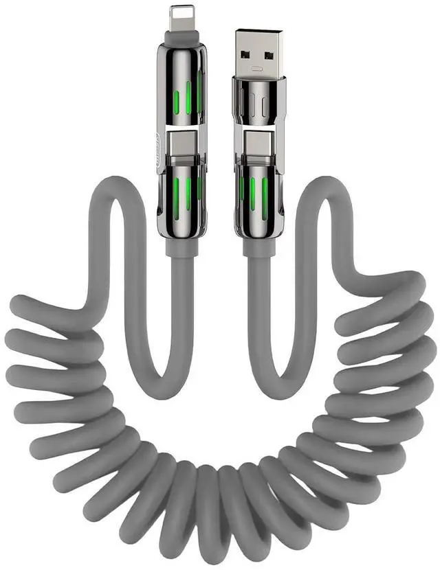 Main image of 4-in-1 Coiled Universal USB Charging Cable -MAX 240W Fast Charging/Charger Cord with Multi USB Port for iPhone 16/15 14 13 iPad  MacBook iPad Tablets and More (Grey Coiled 6Ft)