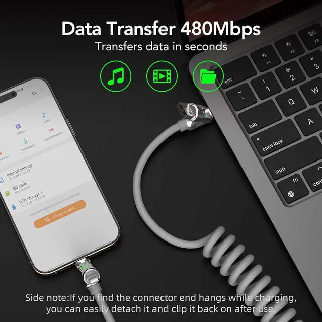 Alt view image 6 of 7 - 4-in-1 Coiled Universal USB Charging Cable -MAX 240W Fast Charging/Charger Cord with Multi USB Port for iPhone 16/15 14 13 iPad  MacBook iPad Tablets and More (Grey Coiled 6Ft)