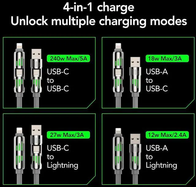 Alt view image 2 of 7 - 4-in-1 Coiled Universal USB Charging Cable -MAX 240W Fast Charging/Charger Cord with Multi USB Port for iPhone 16/15 14 13 iPad  MacBook iPad Tablets and More (Grey Coiled 6Ft)