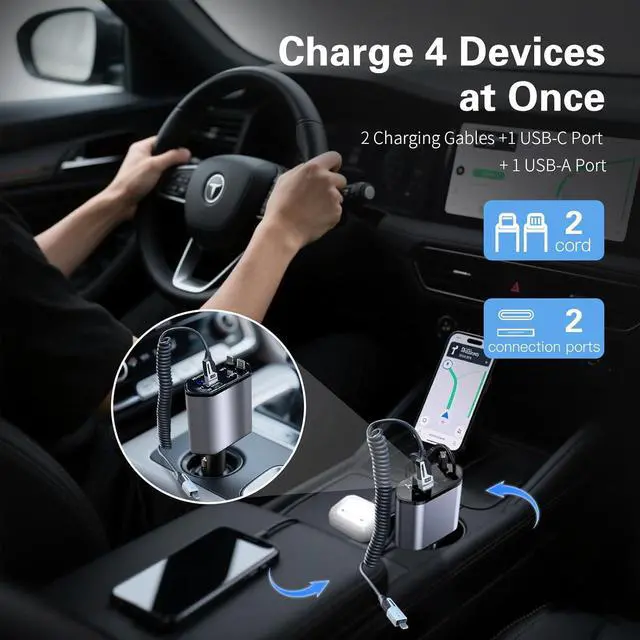 Alt view image 6 of 7 - Retractable 69W USB C Car Accessories Adapter USB C Charger Fast Charging Fathers Day for Gifts Travel Essentials Gifts for Women Men (Car Charger+line)