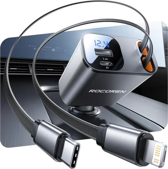 Main image of Retractable Car Charger for 17 iPhone 16 4 in 1 USB C Car Charger with 2.62Ft Cord 69W Fast Cigarette Lighter Adapter Road Trip Essentials Gifts for Women Men Car Accessories for iPhone 15/14