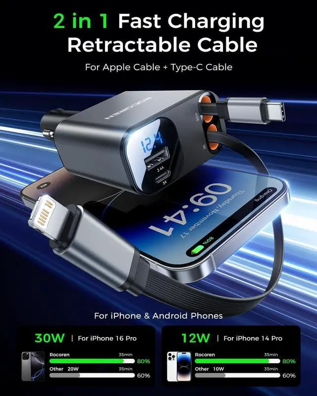 Alt view image 3 of 7 - Retractable Car Charger for 17 iPhone 16 4 in 1 USB C Car Charger with 2.62Ft Cord 69W Fast Cigarette Lighter Adapter Road Trip Essentials Gifts for Women Men Car Accessories for iPhone 15/14