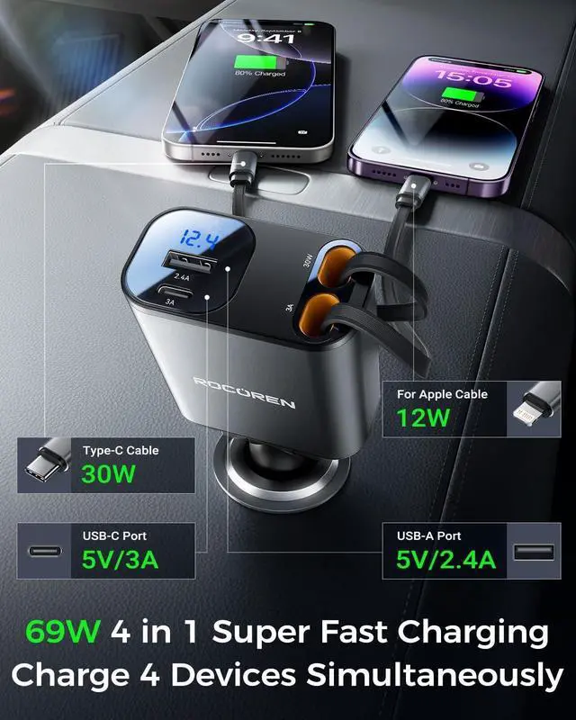 Alt view image 4 of 7 - Retractable Car Charger for 17 iPhone 16 4 in 1 USB C Car Charger with 2.62Ft Cord 69W Fast Cigarette Lighter Adapter Road Trip Essentials Gifts for Women Men Car Accessories for iPhone 15/14