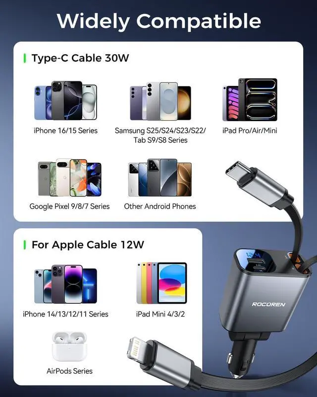 Alt view image 6 of 7 - Retractable Car Charger for 17 iPhone 16 4 in 1 USB C Car Charger with 2.62Ft Cord 69W Fast Cigarette Lighter Adapter Road Trip Essentials Gifts for Women Men Car Accessories for iPhone 15/14