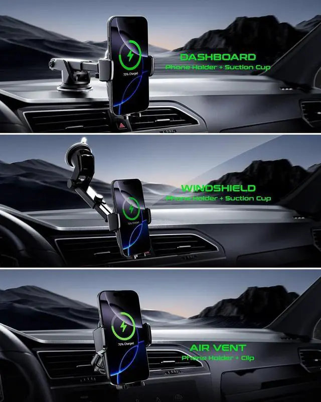 Alt view image 2 of 7 - Car Phone Holder Charger Qi 15W Fast Charging Wireless Car Charger Mount Auto Clamping Dashboard Air Vent Windshield Accessories for iPhone 16 Pro Max/15/14/13  Galaxy S24 Ultra/S23