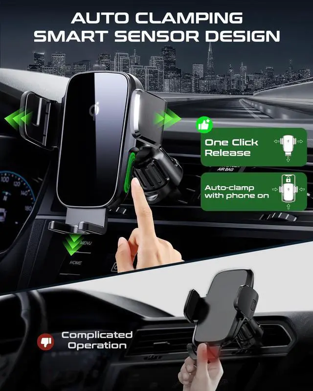 Alt view image 3 of 7 - Car Phone Holder Charger Qi 15W Fast Charging Wireless Car Charger Mount Auto Clamping Dashboard Air Vent Windshield Accessories for iPhone 16 Pro Max/15/14/13  Galaxy S24 Ultra/S23