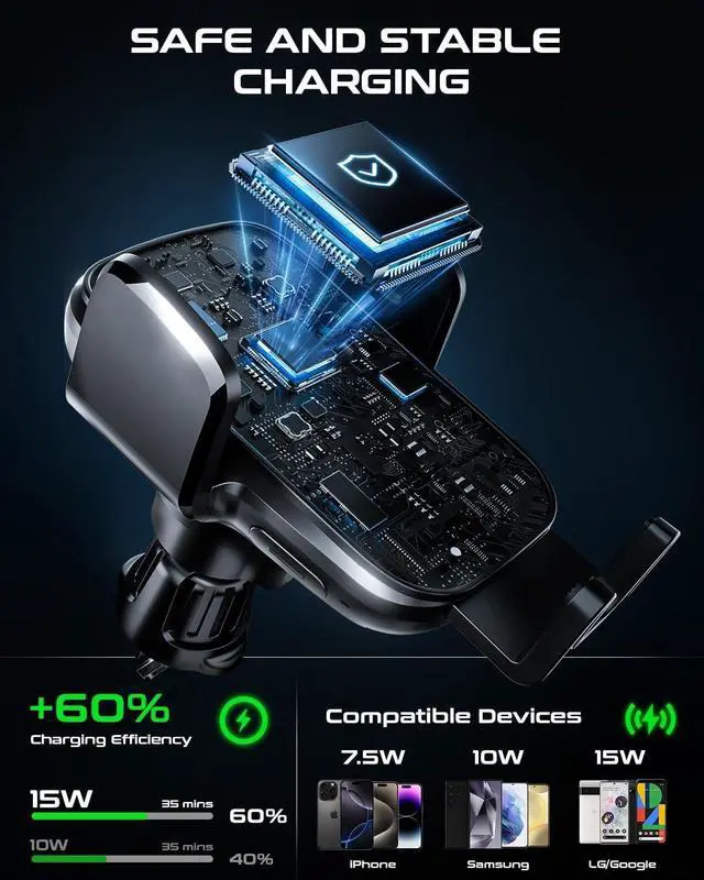 Alt view image 4 of 7 - Car Phone Holder Charger Qi 15W Fast Charging Wireless Car Charger Mount Auto Clamping Dashboard Air Vent Windshield Accessories for iPhone 16 Pro Max/15/14/13  Galaxy S24 Ultra/S23