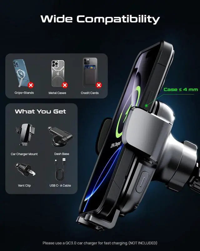 Alt view image 5 of 7 - Car Phone Holder Charger Qi 15W Fast Charging Wireless Car Charger Mount Auto Clamping Dashboard Air Vent Windshield Accessories for iPhone 16 Pro Max/15/14/13  Galaxy S24 Ultra/S23