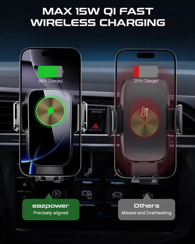 Alt view image 7 of 7 - Car Phone Holder Charger Qi 15W Fast Charging Wireless Car Charger Mount Auto Clamping Dashboard Air Vent Windshield Accessories for iPhone 16 Pro Max/15/14/13  Galaxy S24 Ultra/S23