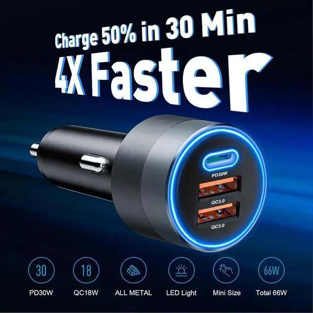 Alt view image 3 of 7 - USB C Car Charger for iPhone 16 66W Car Cigarette Lighter Adapter USB Fast Car Charger PD 30W+Dual QC3.0 [Metal Shell] [Ambient Light] for iPhone 16 15 14 13 Pro Max  Galaxy Note Google Pixel