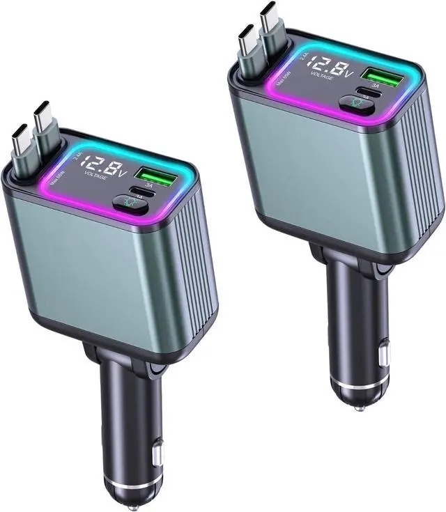Main image of [2 Pack] 4 in 1 Retractable Car Charger with RGB Light 92W Fast Charging Dual USB C Car Adapter Compact Car Phone Charger for iPhone/Galaxy/Pixel Road Trip Essentials (Dual Type C Cable)