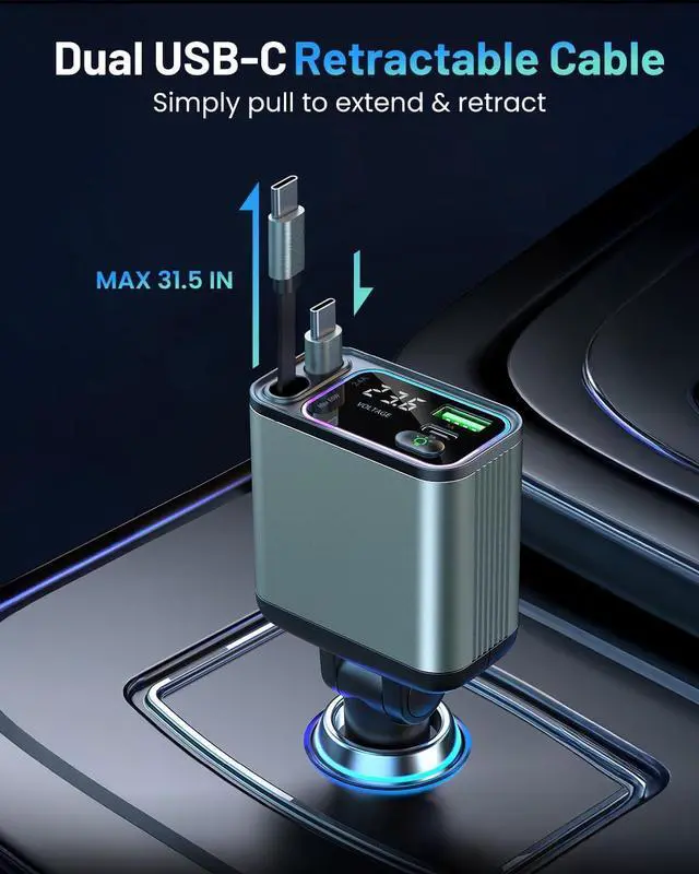 Alt view image 2 of 7 - [2 Pack] 4 in 1 Retractable Car Charger with RGB Light 92W Fast Charging Dual USB C Car Adapter Compact Car Phone Charger for iPhone/Galaxy/Pixel Road Trip Essentials (Dual Type C Cable)