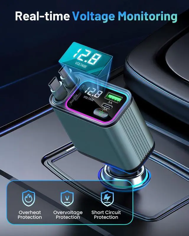 Alt view image 4 of 7 - [2 Pack] 4 in 1 Retractable Car Charger with RGB Light 92W Fast Charging Dual USB C Car Adapter Compact Car Phone Charger for iPhone/Galaxy/Pixel Road Trip Essentials (Dual Type C Cable)