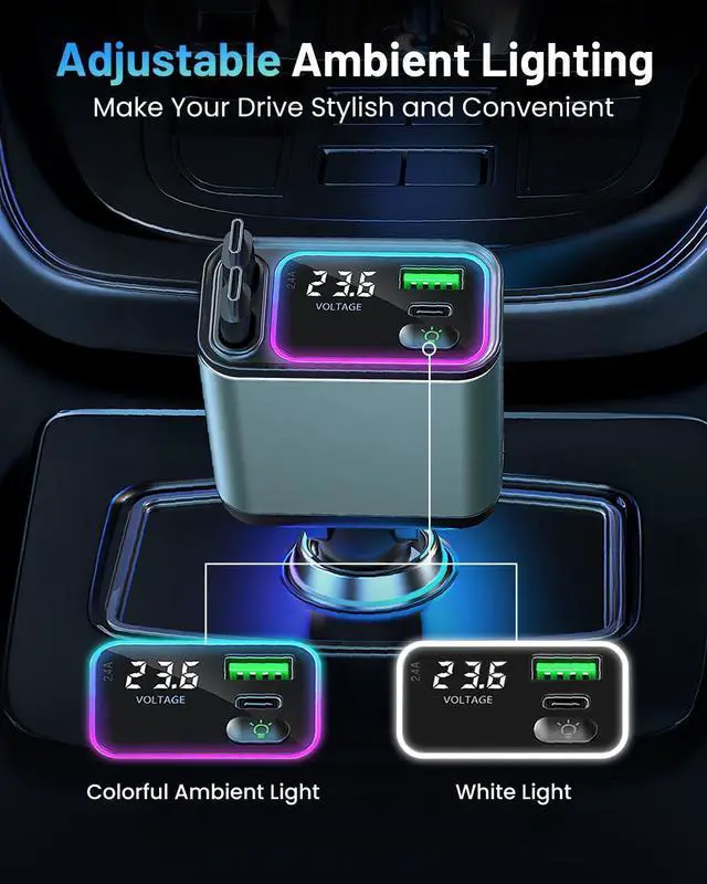 Alt view image 6 of 7 - [2 Pack] 4 in 1 Retractable Car Charger with RGB Light 92W Fast Charging Dual USB C Car Adapter Compact Car Phone Charger for iPhone/Galaxy/Pixel Road Trip Essentials (Dual Type C Cable)