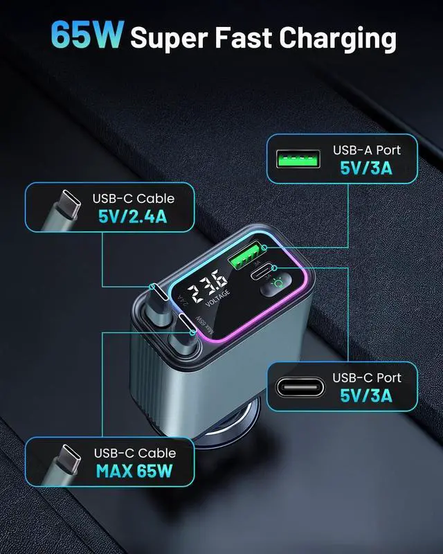 Alt view image 3 of 7 - [2 Pack] 4 in 1 Retractable Car Charger with RGB Light 92W Fast Charging Dual USB C Car Adapter Compact Car Phone Charger for iPhone/Galaxy/Pixel Road Trip Essentials (Dual Type C Cable)