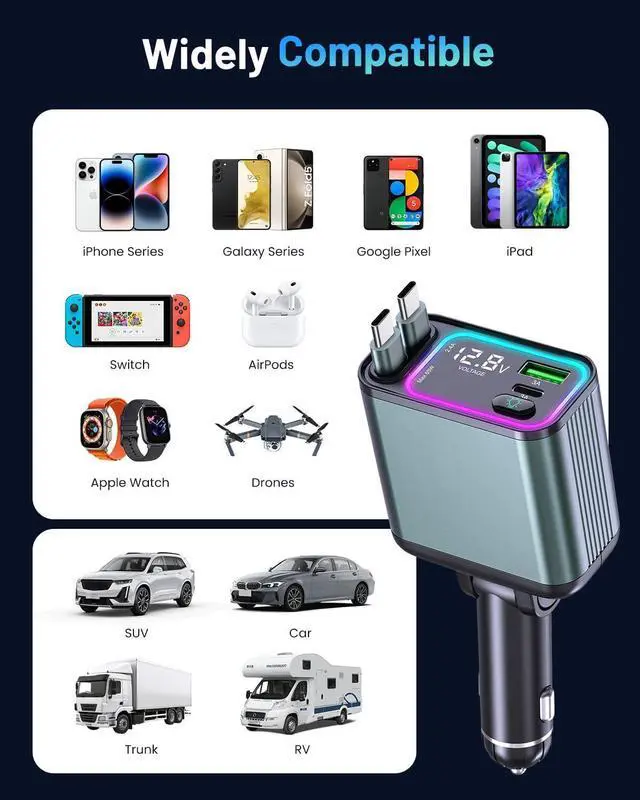 Alt view image 7 of 7 - [2 Pack] 4 in 1 Retractable Car Charger with RGB Light 92W Fast Charging Dual USB C Car Adapter Compact Car Phone Charger for iPhone/Galaxy/Pixel Road Trip Essentials (Dual Type C Cable)