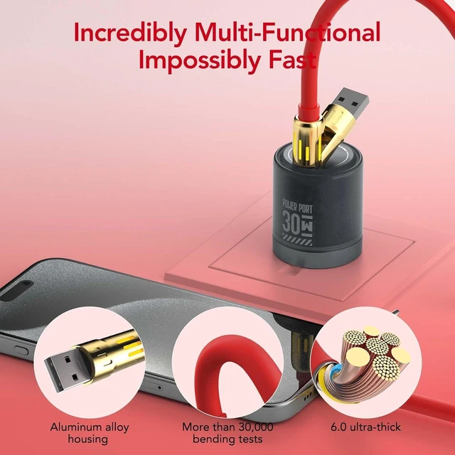 Alt view image 5 of 7 - 240W 4-in-1 Fast Charging Cable Red 6.6FT