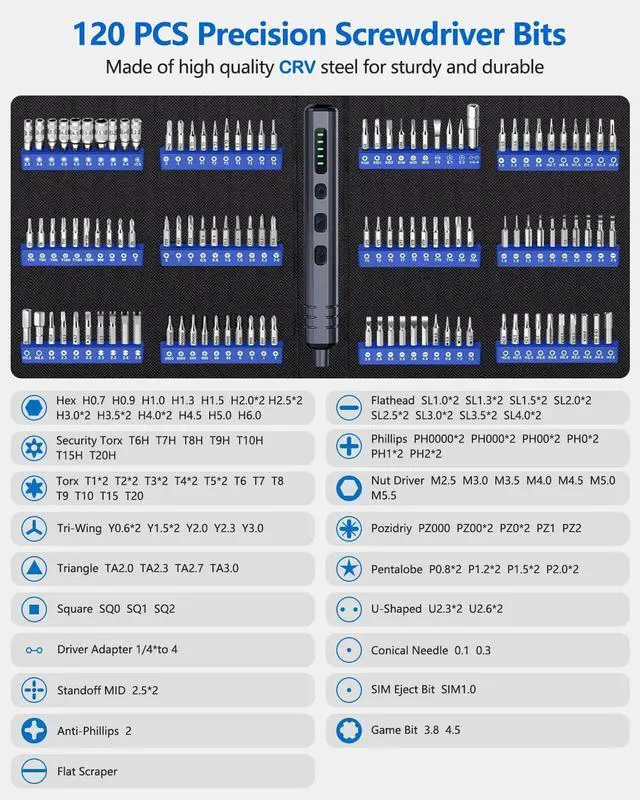 Alt view image 5 of 7 - Mini Electric Screwdriver Set 140-IN-1: Small Electric Screwdriver Cordless - 120 Precision Bits 5 Torque Settings LED Light Magnetic Power Screwdriver Repair Tool Kit for PC RC Electronics