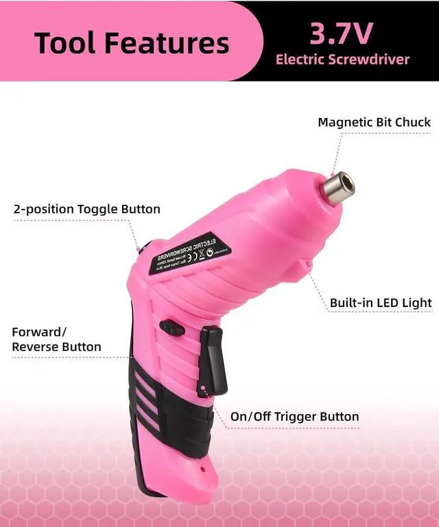 Alt view image 3 of 6 - Pink Cordless Electric Screwdriver Set 3.7V Rechargeable Small Electric Drill with 48pcs Driver Bit Set Power 3Nm Screw Gun with 2 Position Handle Flexible Shaft LED Light for Women