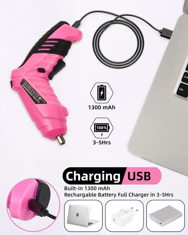 Alt view image 5 of 6 - Pink Cordless Electric Screwdriver Set 3.7V Rechargeable Small Electric Drill with 48pcs Driver Bit Set Power 3Nm Screw Gun with 2 Position Handle Flexible Shaft LED Light for Women
