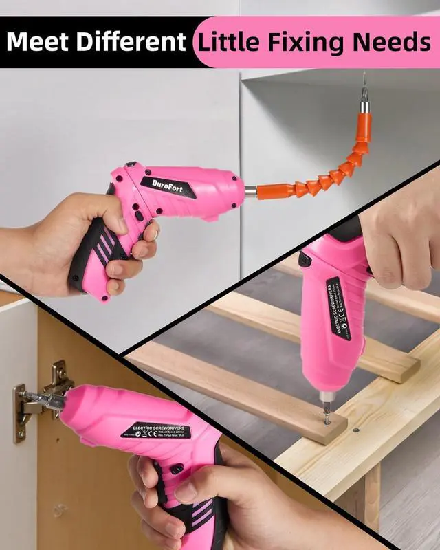 Alt view image 6 of 6 - Pink Cordless Electric Screwdriver Set 3.7V Rechargeable Small Electric Drill with 48pcs Driver Bit Set Power 3Nm Screw Gun with 2 Position Handle Flexible Shaft LED Light for Women