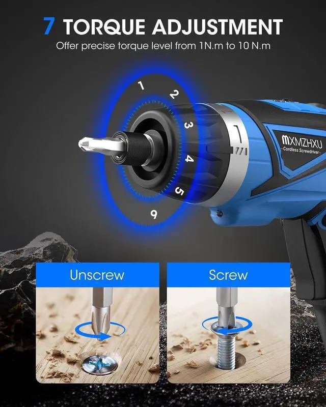 Alt view image 3 of 7 - 8V Cordless Screwdriver 6+1 Torque Max 10N·m Electric Power Screwdriver with 47 Accessories 180°Pivoting Handle 2000mAh Rechargeable Screw Gun&Bit Set with LED Light Flexible Shaft for Home Office