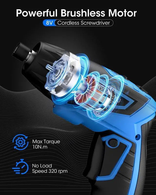 Alt view image 2 of 7 - 8V Cordless Screwdriver 6+1 Torque Max 10N·m Electric Power Screwdriver with 47 Accessories 180°Pivoting Handle 2000mAh Rechargeable Screw Gun&Bit Set with LED Light Flexible Shaft for Home Office